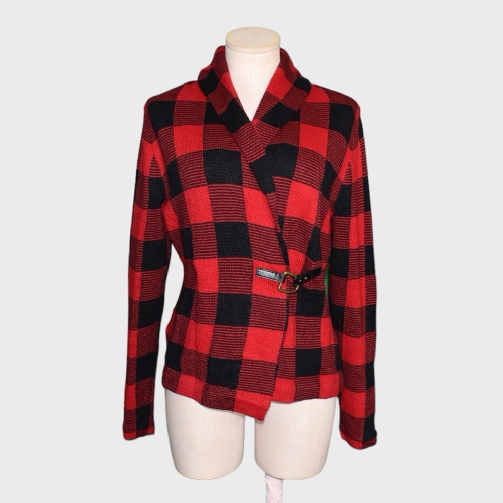Chaps Petite Cotton Buffalo Plaid Buckle Sweater Jacket